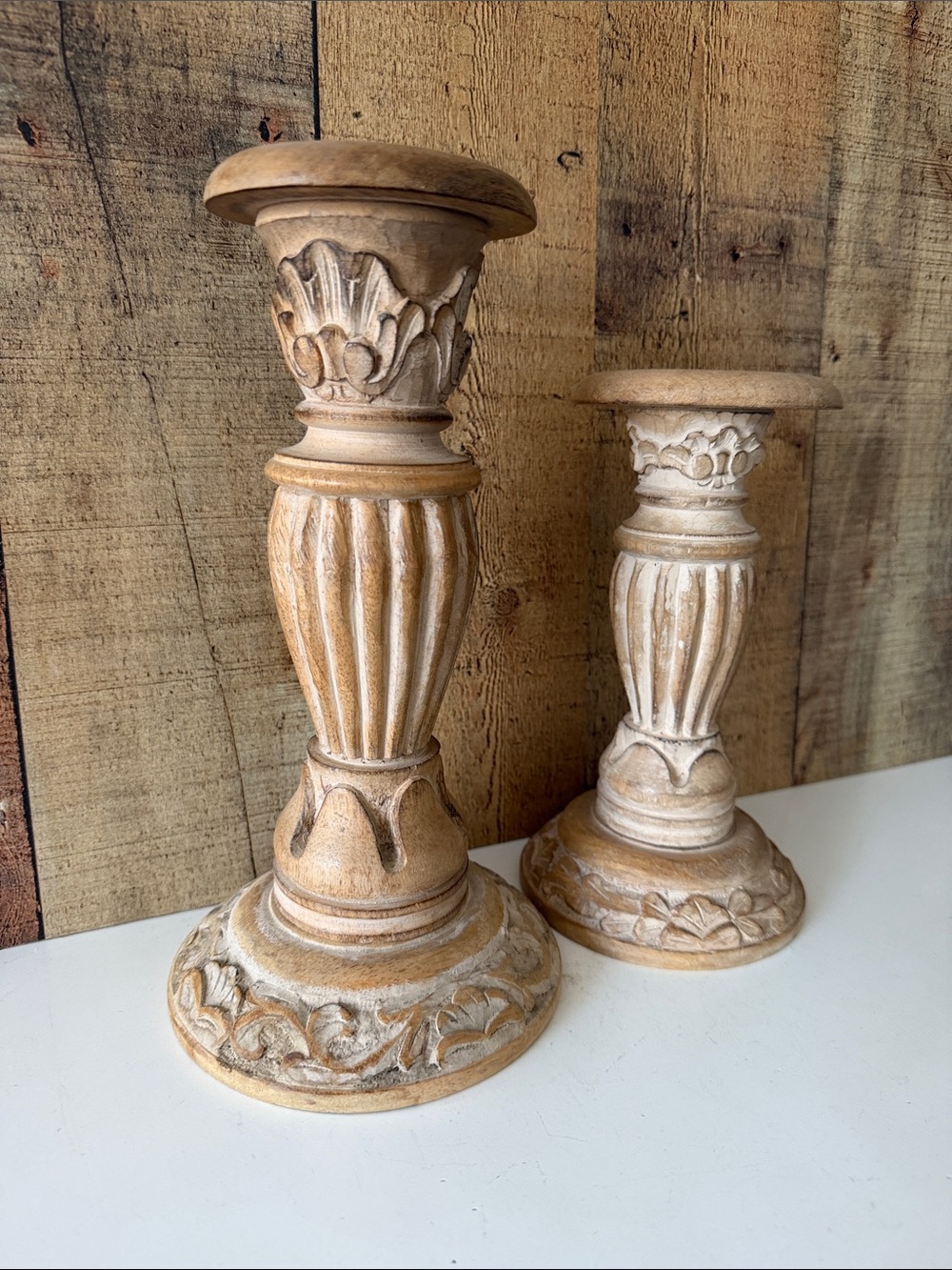 Decorative Carved Wood Candlestick Pair - Natural Cream/Tan Finish - Picture 2 of 10